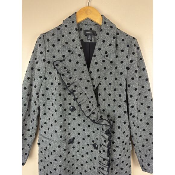 Halogen Women’s Polka Dot Ruffled Trench Coat Double Breasted Size S Petite - Picture 2 of 12